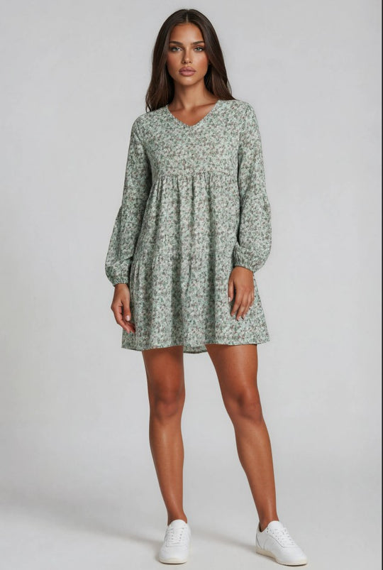 Tiered Puff Sleeve Ditsy Floral Mini Dress