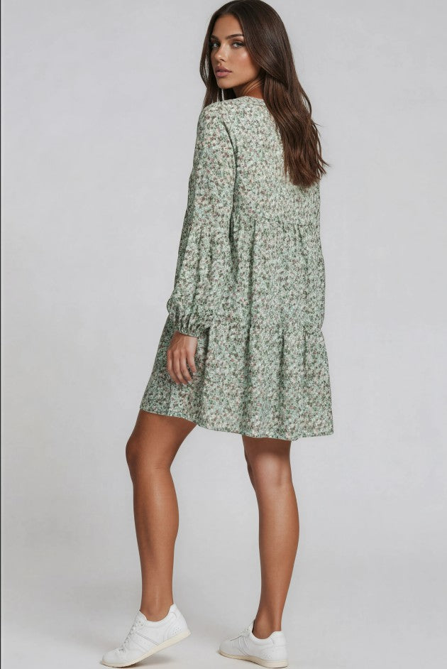 Tiered Puff Sleeve Ditsy Floral Mini Dress