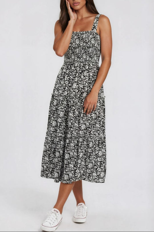 Miss Sparkling Smocked Square Neck Tiered Floral Dress