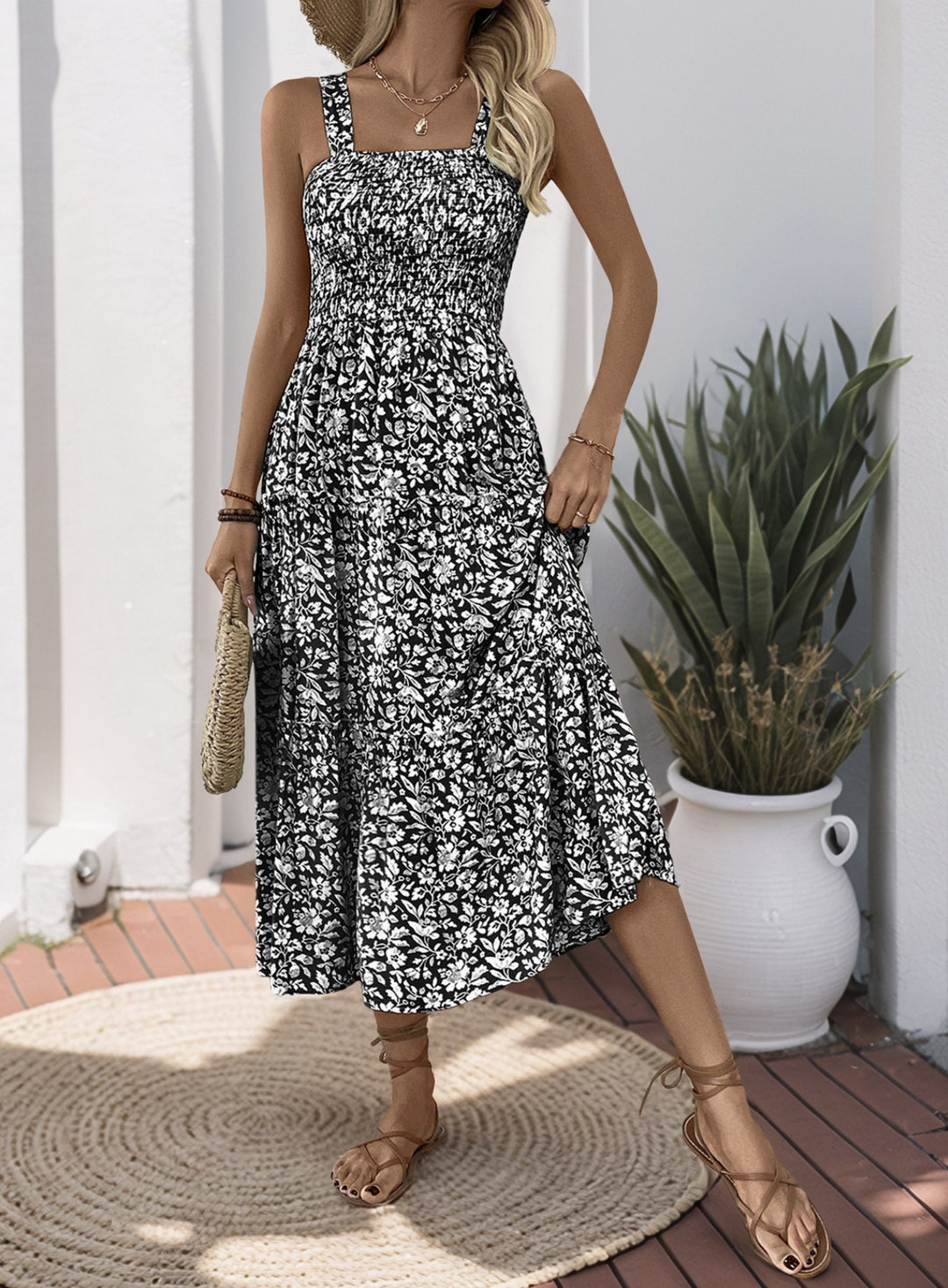 Miss Sparkling Smocked Square Neck Tiered Floral Dress