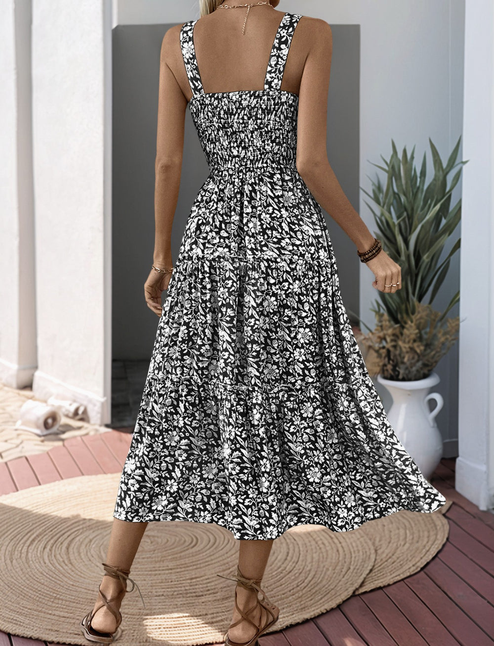 Miss Sparkling Smocked Square Neck Tiered Floral Dress