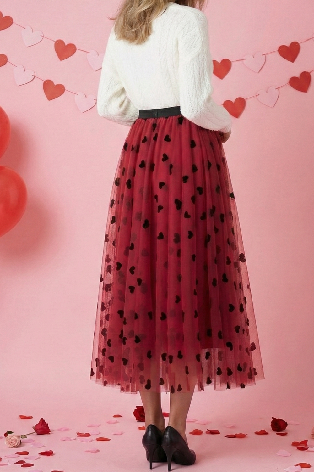 Heart Print Tulle Midi Skirt