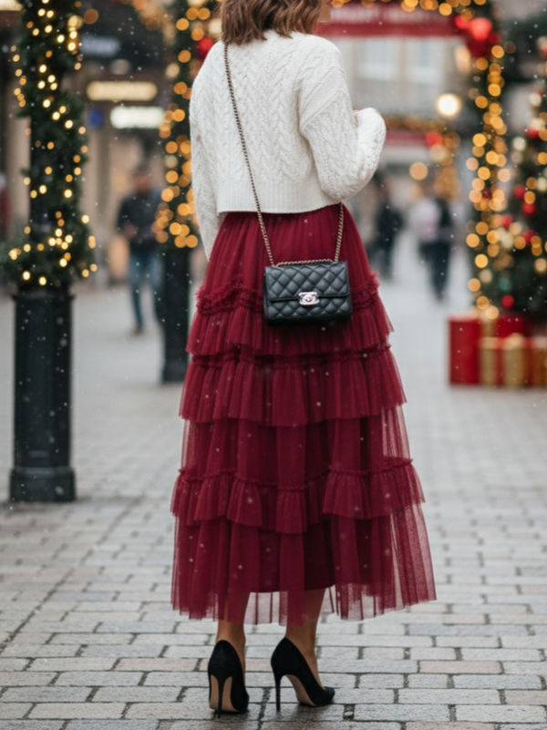 Ruffle chiffon midi skirt