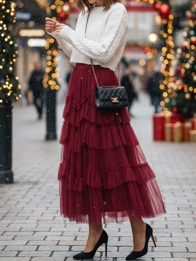 Ruffle chiffon midi skirt