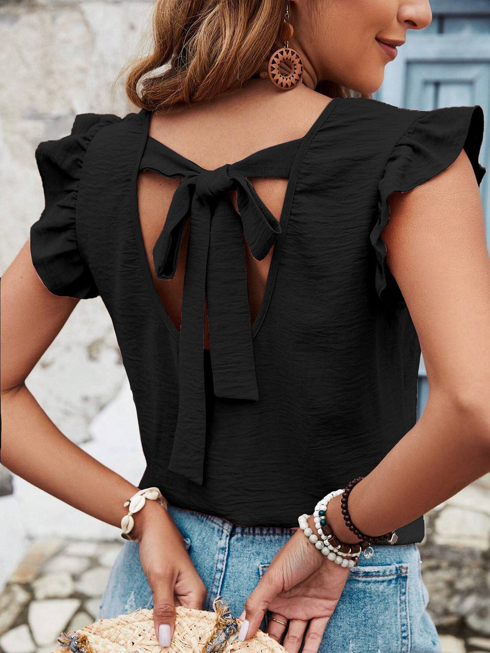 Ruffle Sleeve Blouse with Back Bow Tie