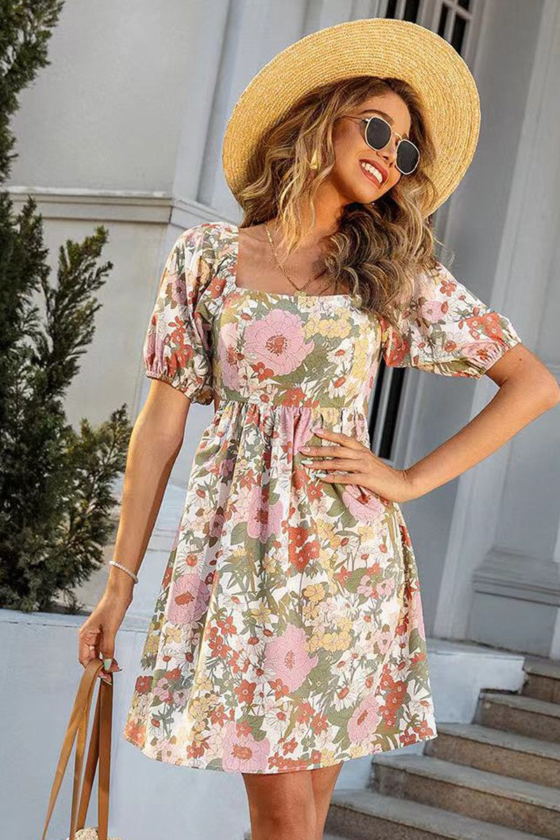 floral smocked mini dress Floral Dress with Tie Detail L / Green Multi
