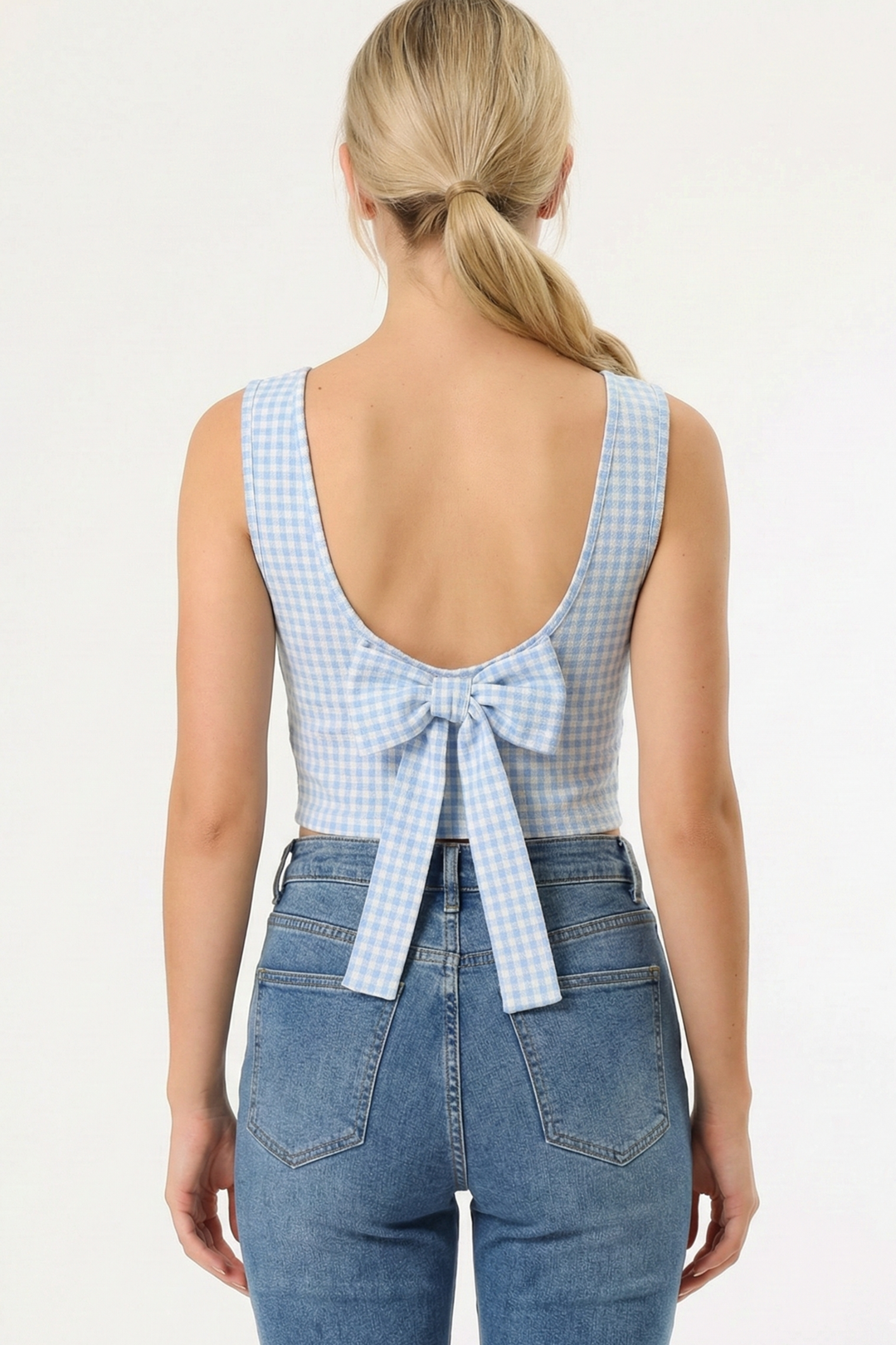 Miss Sparkling Gingham Bow-Tie Back Sleeveless Top