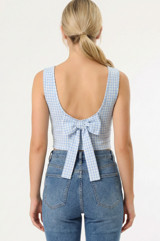 Miss Sparkling Gingham Bow-Tie Back Sleeveless Top