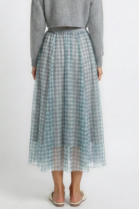 Plaid Tulle Midi Skirt
