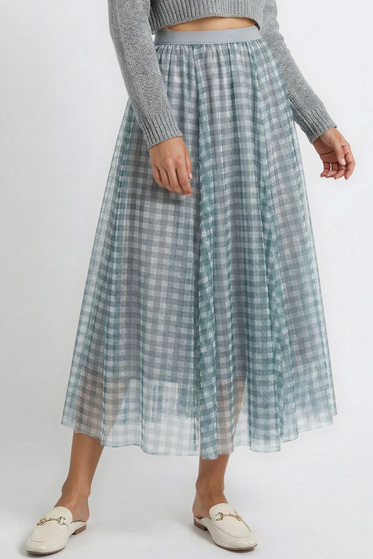 Plaid Tulle Midi Skirt