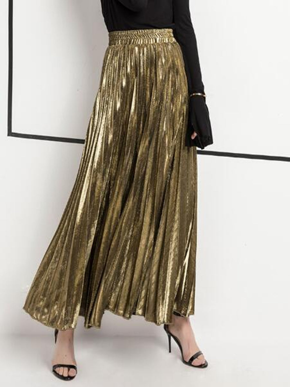 Metallic Pleated Maxi Skirt