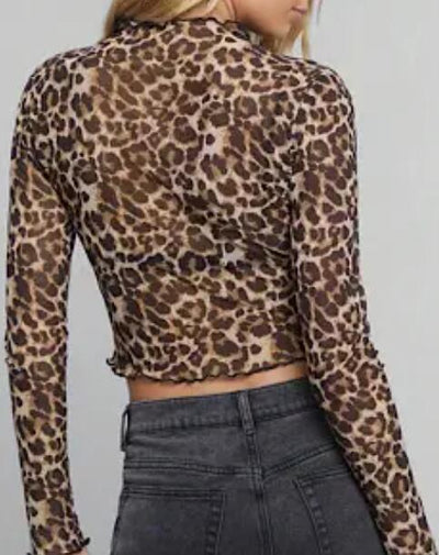 Cropped mesh leopard long sleeve top