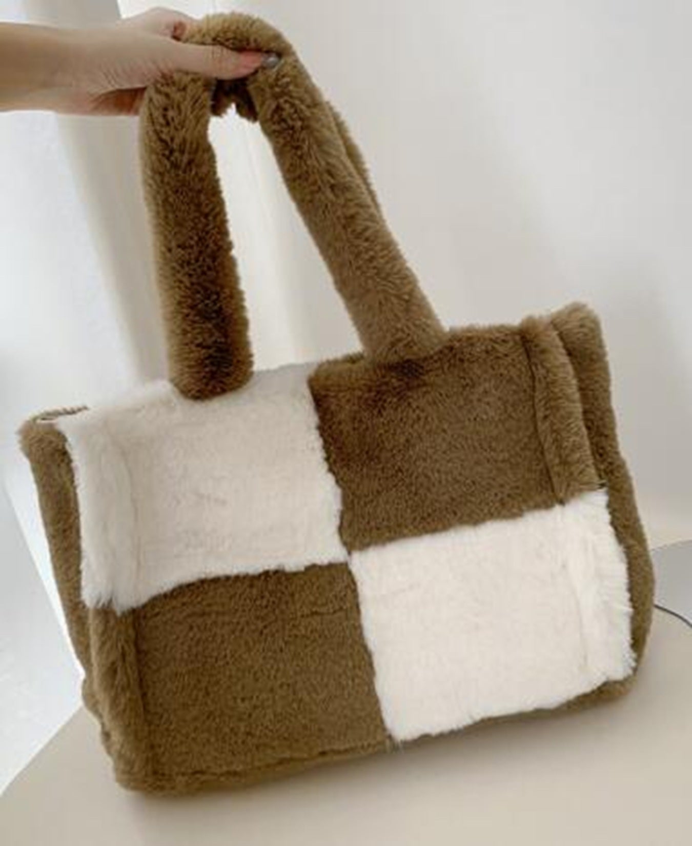 Fuzzy Checkered Shoulder Bag
