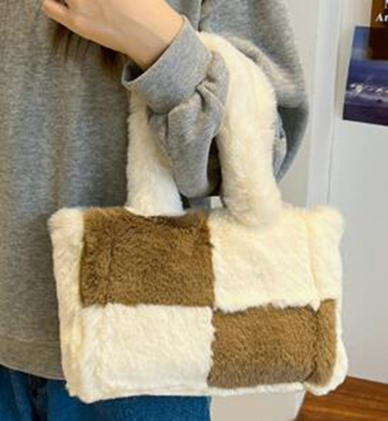 Fuzzy Checkered Shoulder Bag