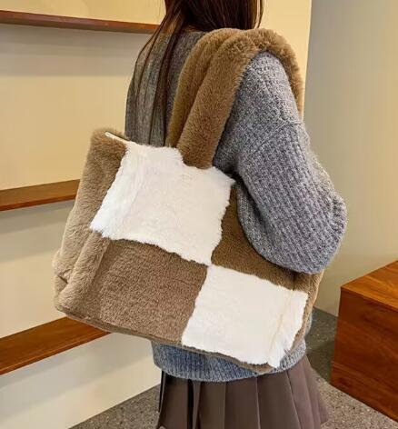 Fuzzy Checkered Shoulder Bag
