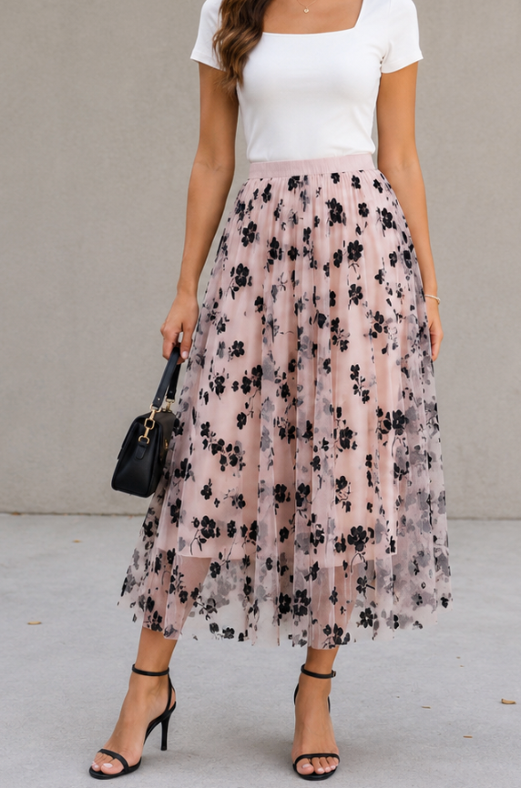 Miss Sparkling Floral Chiffon Midi Skirt