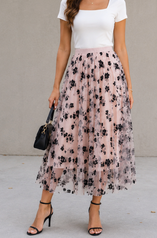 Miss Sparkling Floral Chiffon Midi Skirt