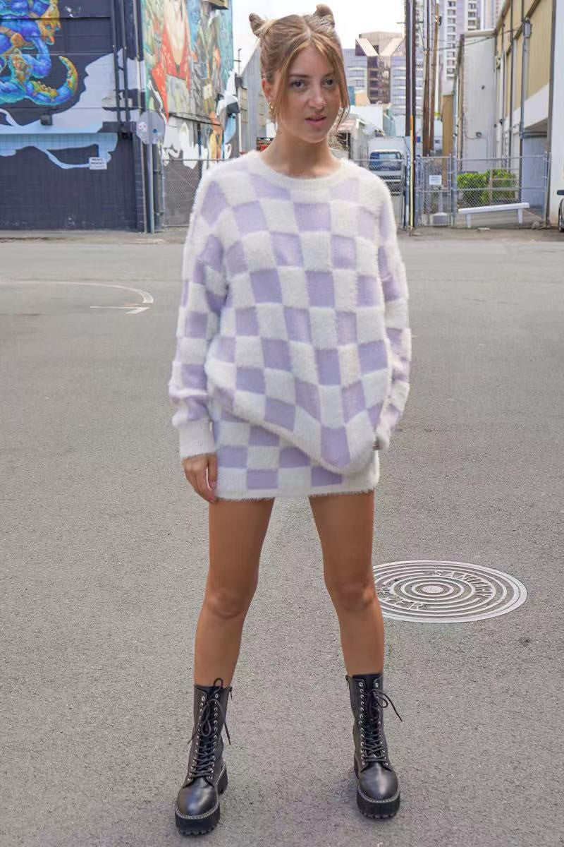 Fuzzy checkered sweater
