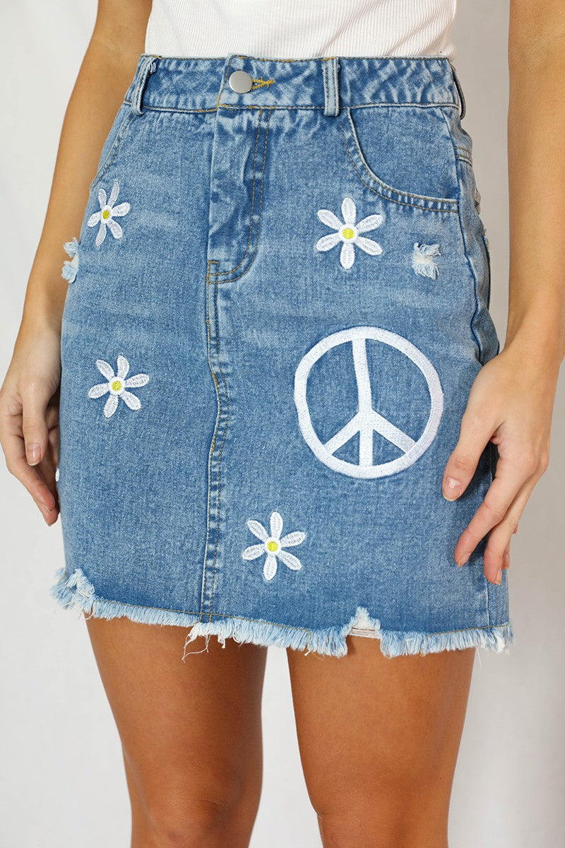 Embroidered Peace Sign Denim Skirt