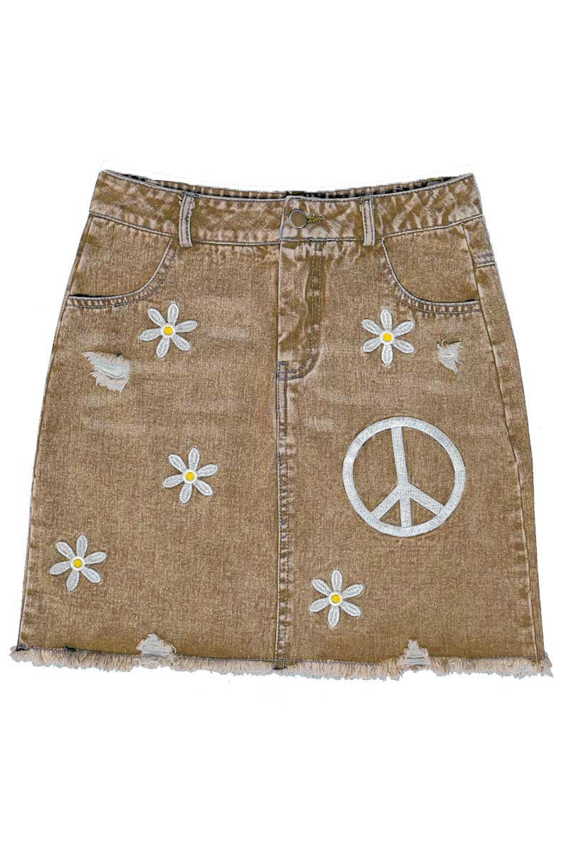 Embroidered Peace Sign Denim Skirt - Miss Sparkling
