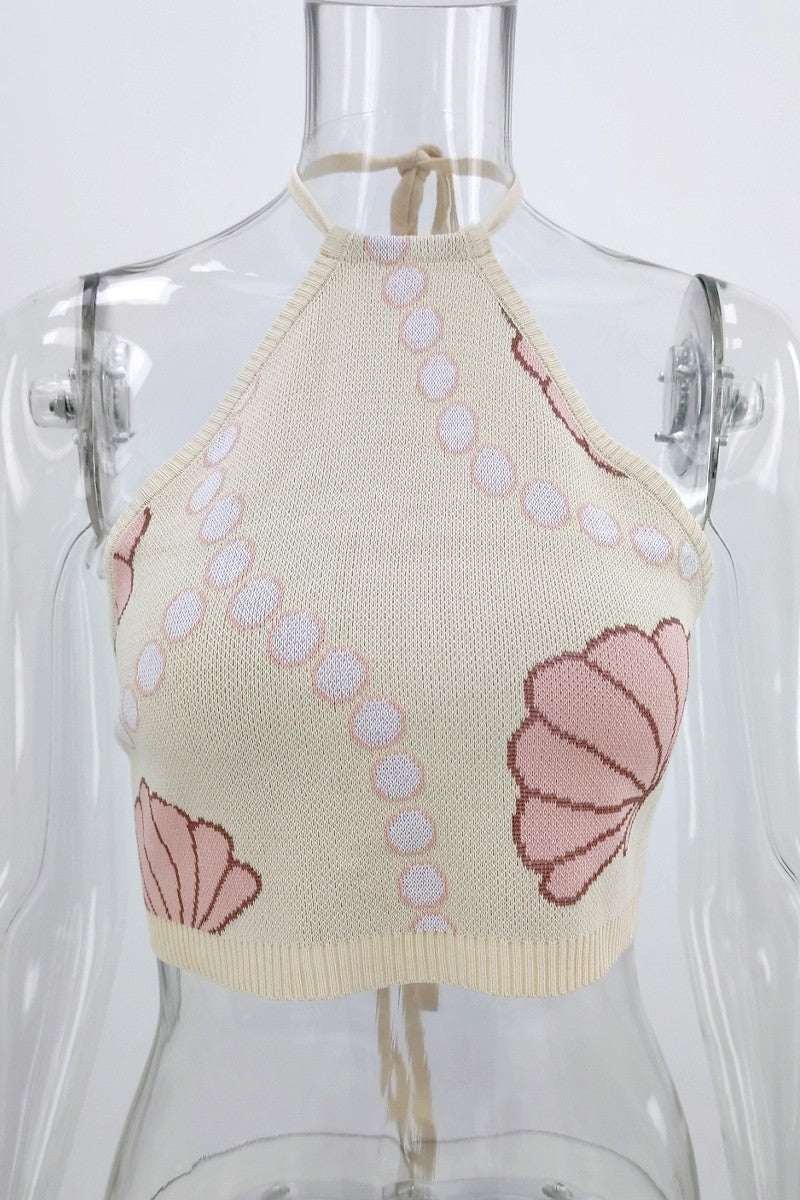 Seashell and Pearl Crop Knit Halter Top
