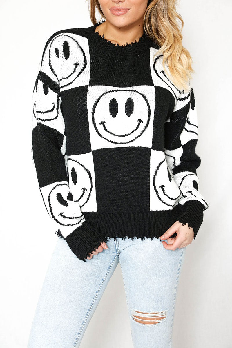 Checkered Smiley Sweater - Miss Sparkling