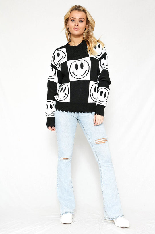 Checkered Smiley Sweater - Miss Sparkling