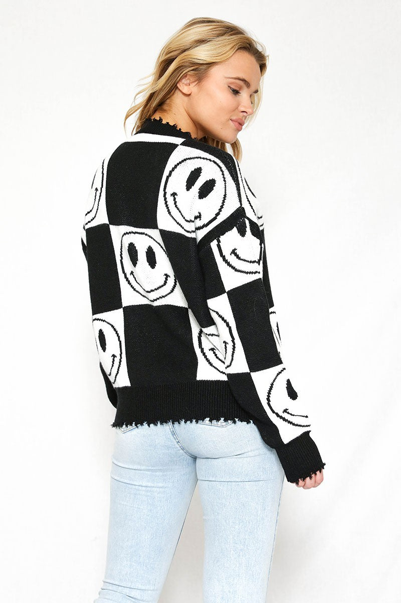 Checkered Smiley Sweater - Miss Sparkling