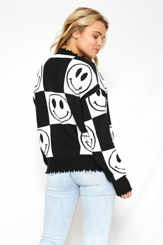 Checkered Smiley Sweater - Miss Sparkling
