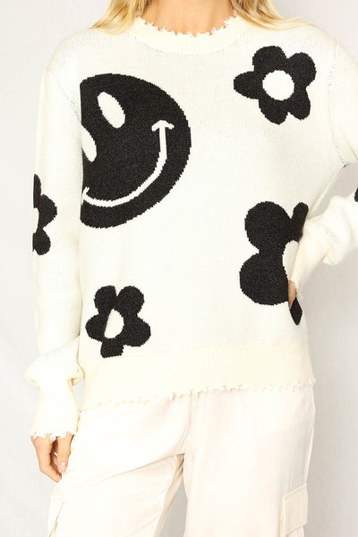 Smiley and Flower Knit Sweater