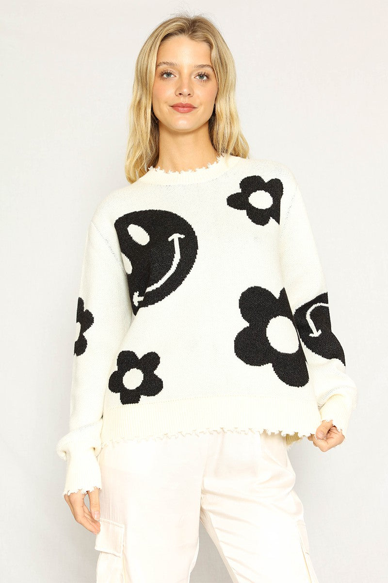 Smiley and Flower Knit Sweater